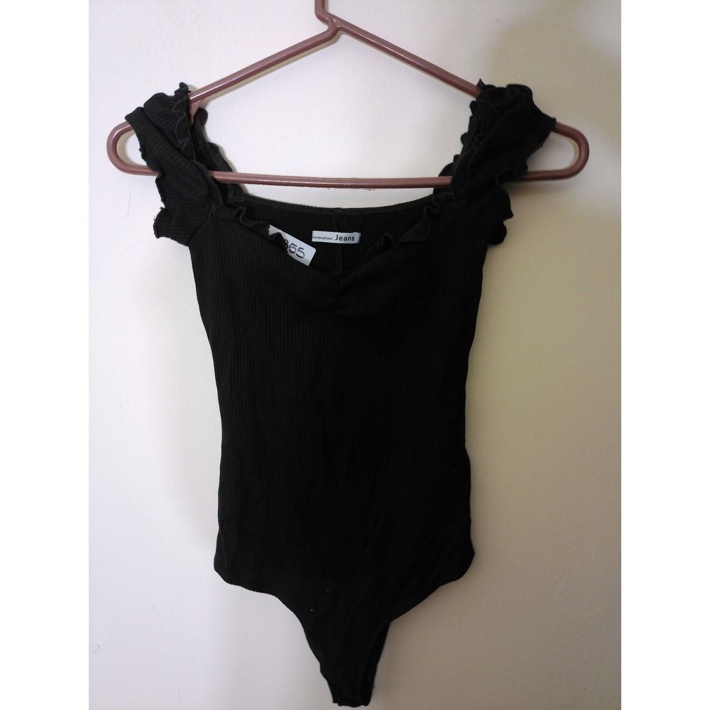 Reformation Jeans Bodysuit Womens XS Black Ruffle Off-Shoulder Ribbed Romantic